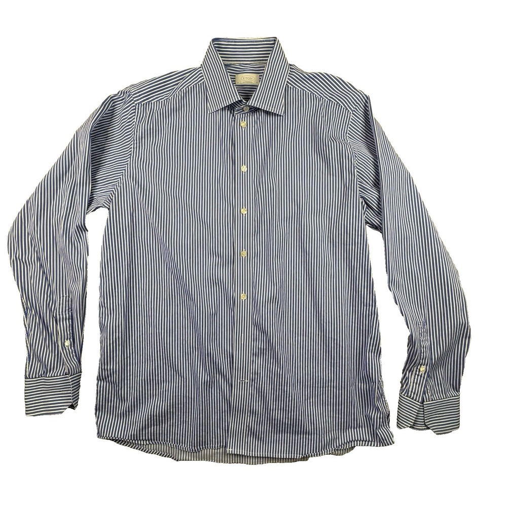 Eton Men's XL Blue Striped Dress Shirt French Cuffs Contemporary Fit LS SEE DESC